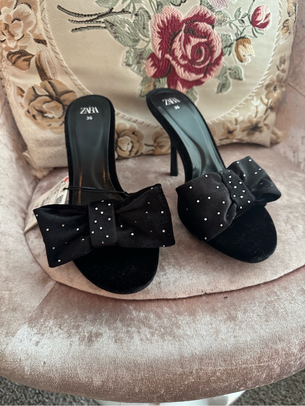 ZARA Black Bow Mule Heels with Crystal Studs